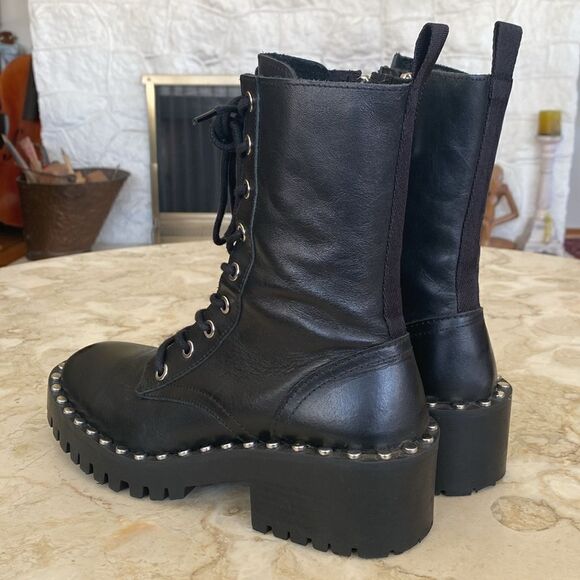 Zara Black Leather Military Lace Up Chunky Ankle Boots With Studs - Picture 11 of 14